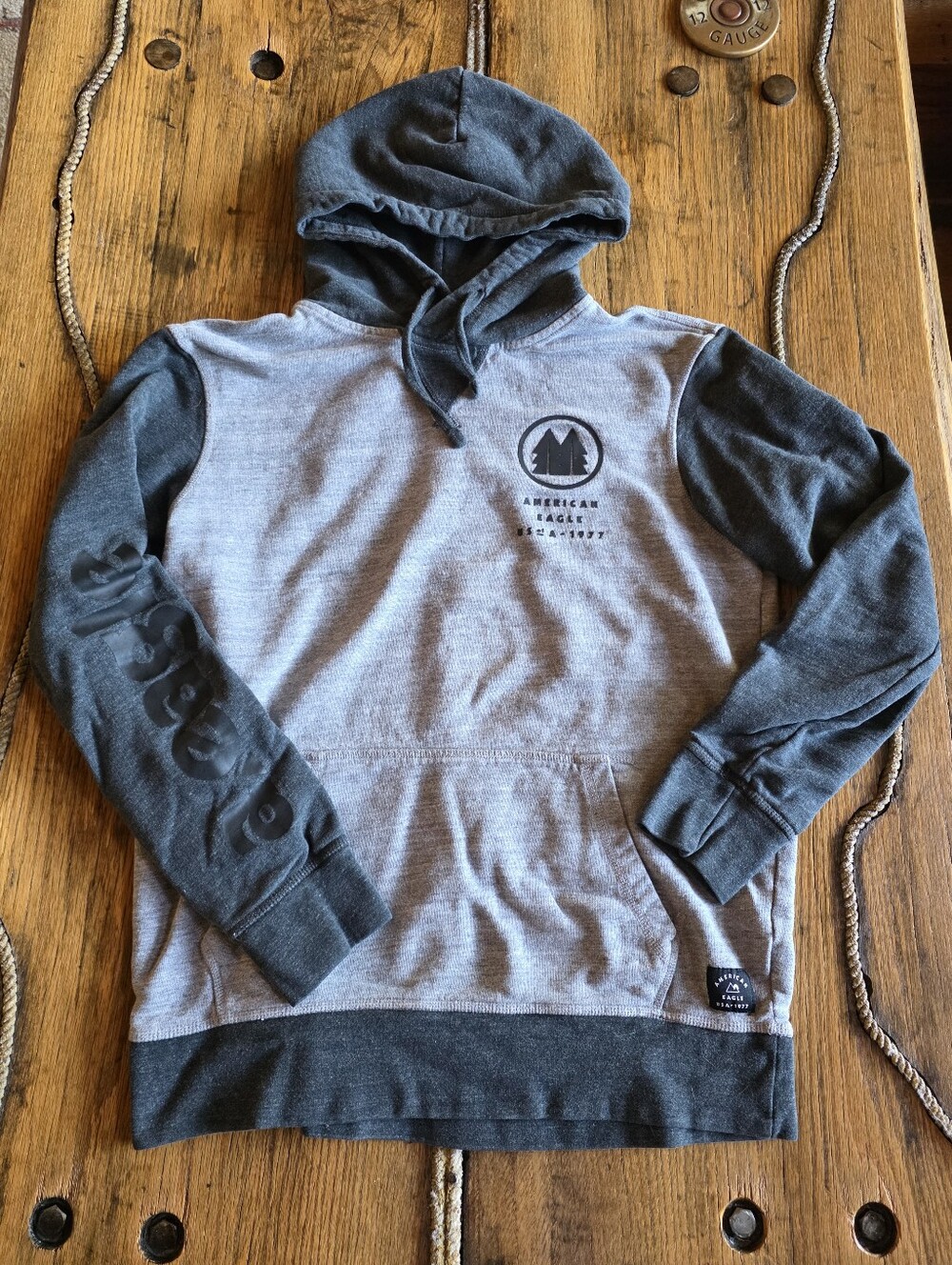 American Eagle Black Grey Hoodie Sweatshirt Mens Medium
